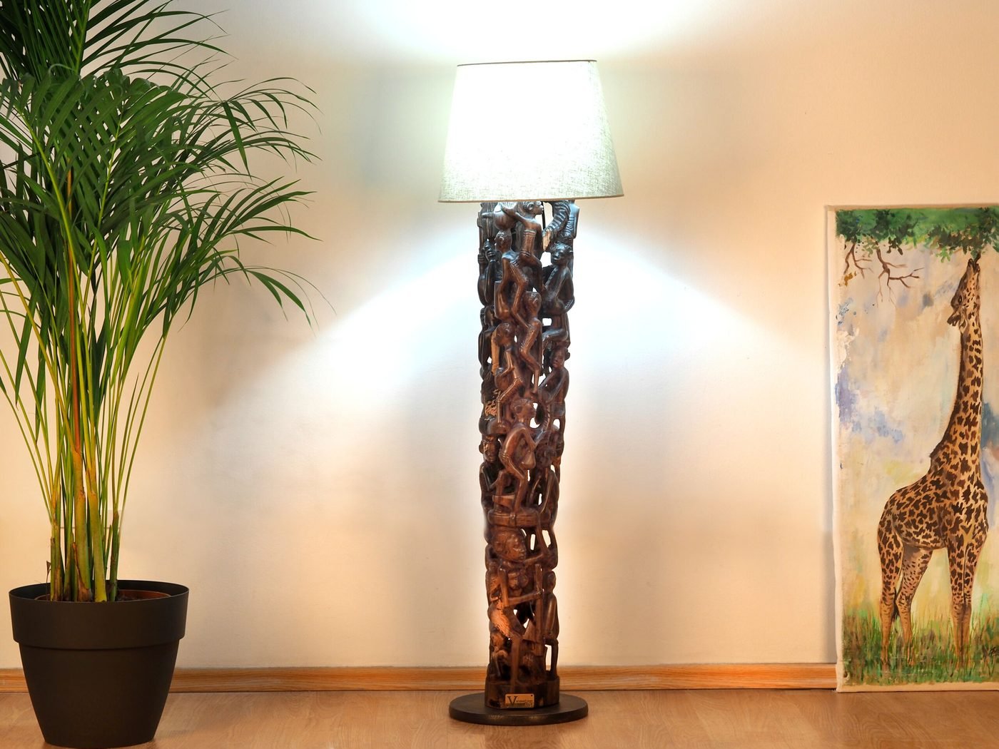 Makonde Ebony Floor Lamp — hand-carved ebony, Mwenge, Dar es Salaam, Tanzania
