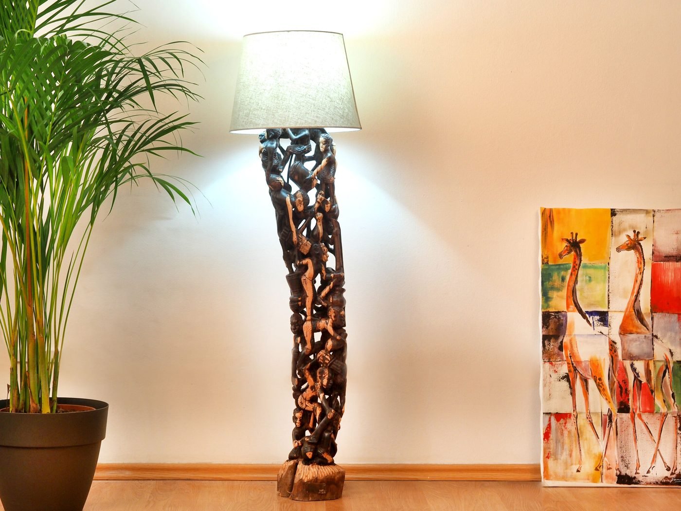 Makonde 3-Lamp — hand-carved ebony, Mwenge, Dar es Salaam, Tanzania