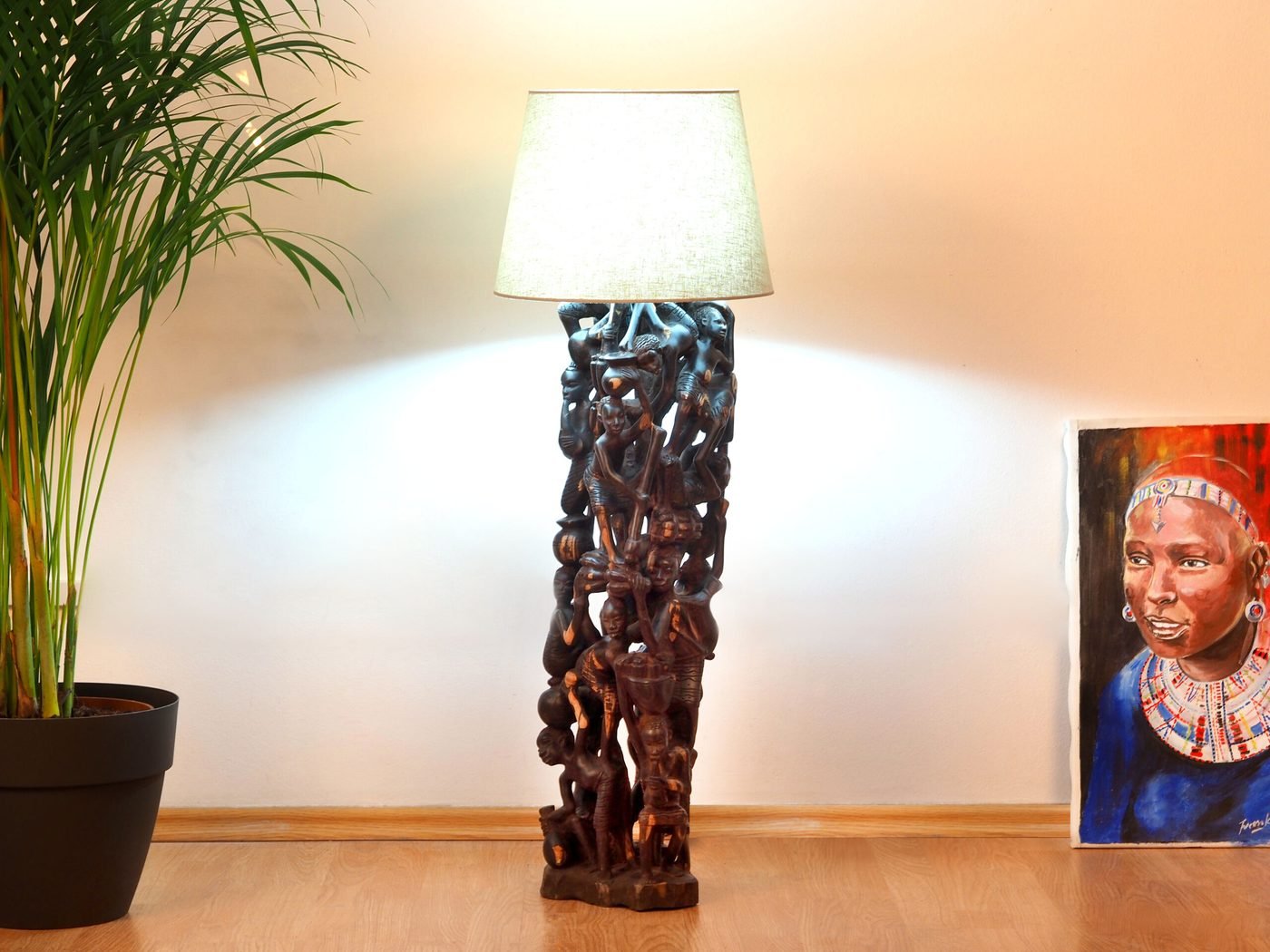Makonde 2-Lamp — hand-carved ebony, one of one, carved at Mwenge, Dar es Salaam, Tanzania