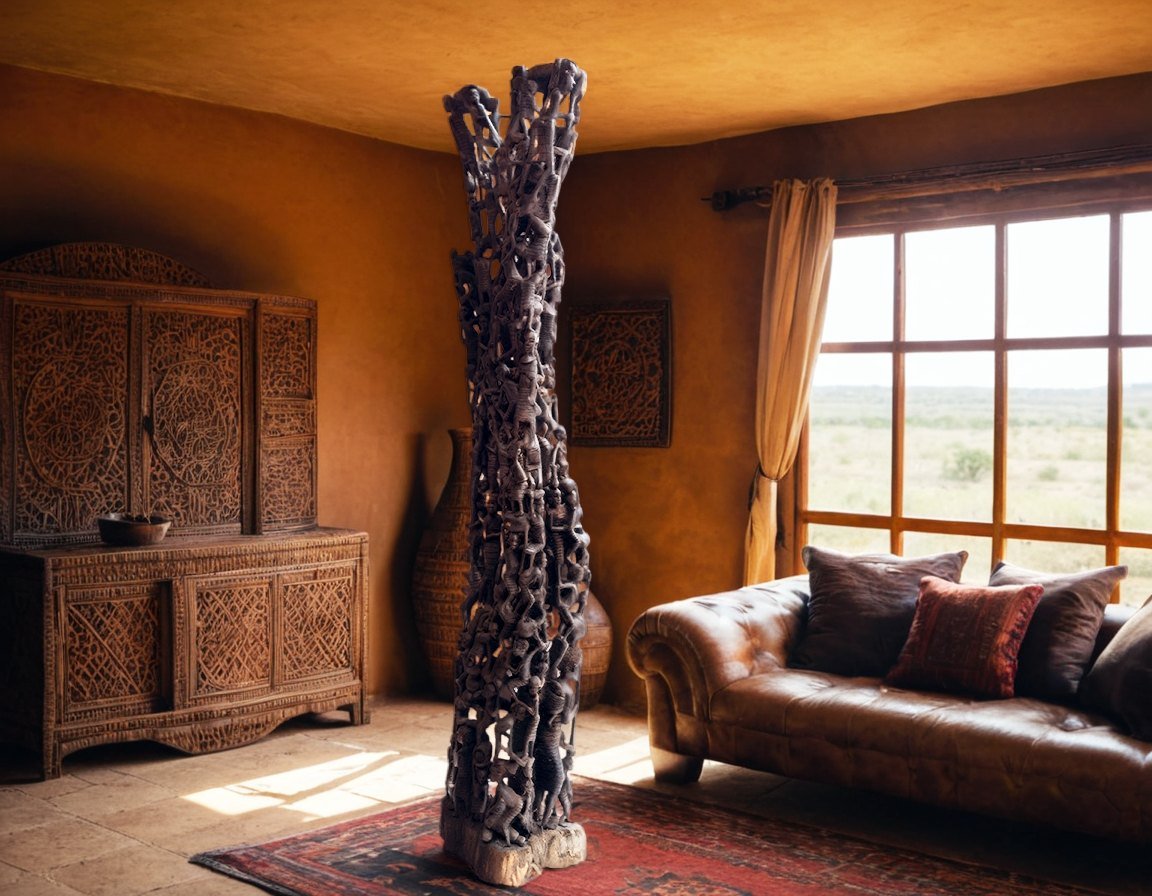 Tall Makonde Ebony Sculpture — hand-carved ebony, Mwenge, Dar es Salaam, Tanzania