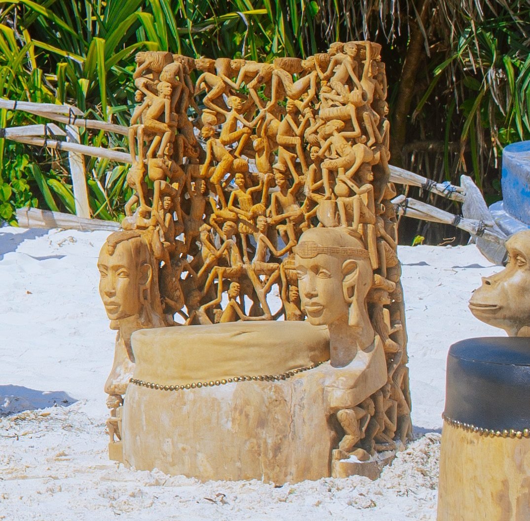 Makonde Royal Throne Chair — hand-carved mongongo wood, Mwenge, Dar es Salaam, Tanzania