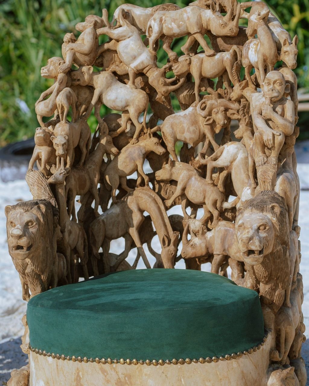 Wildlife Sculptural Throne Chair — hand-carved mongongo wood, Mwenge, Dar es Salaam, Tanzania