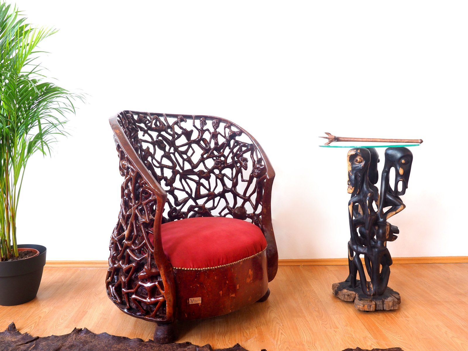 WANDA Sculptural Armchair — hand-carved mahogany, one of one, carved at Mwenge, Dar es Salaam, Tanzania