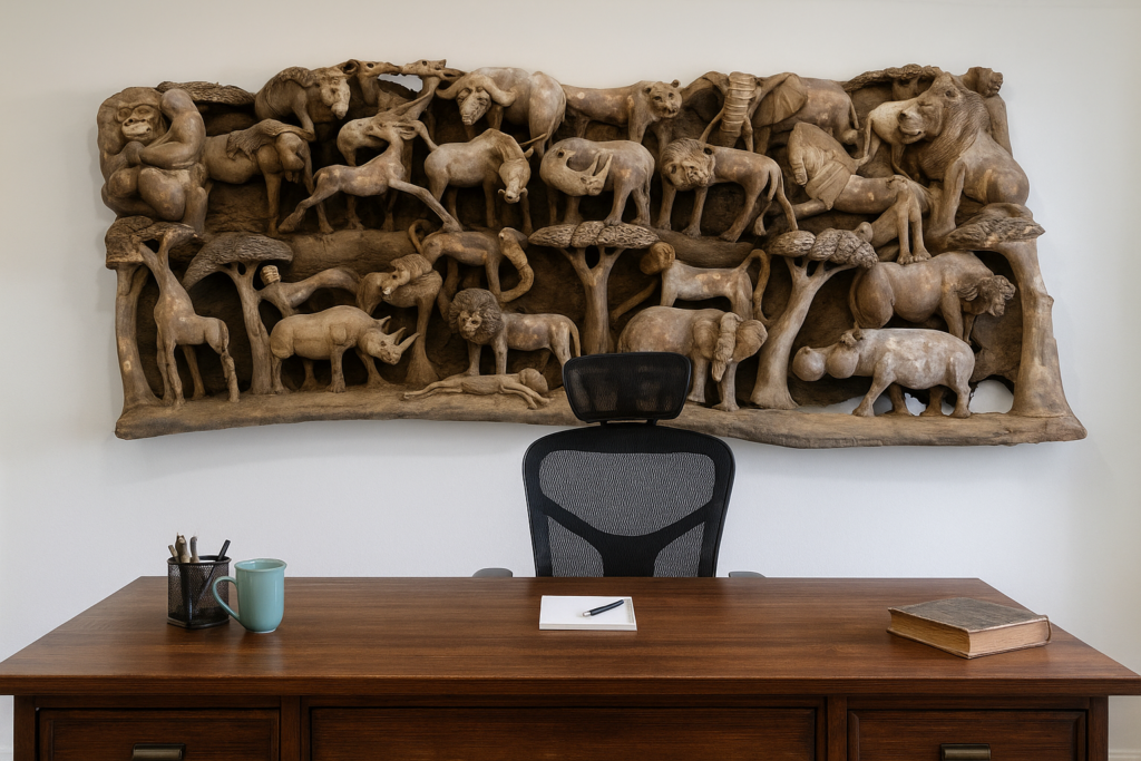 African Savanna Wildlife Wall Panel – Hand-Carved Luxury Ebony Wall Art for Dubai Interiors