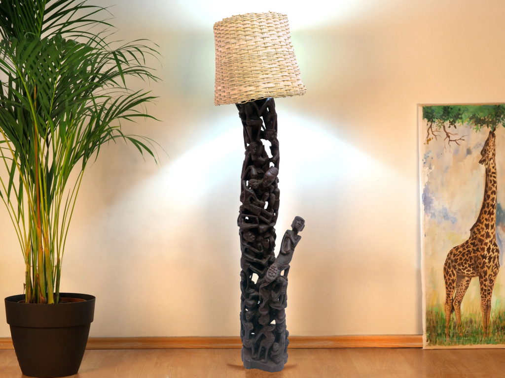 Tall Makonde Floor Lamp, hand-carved lamp, Private Museum