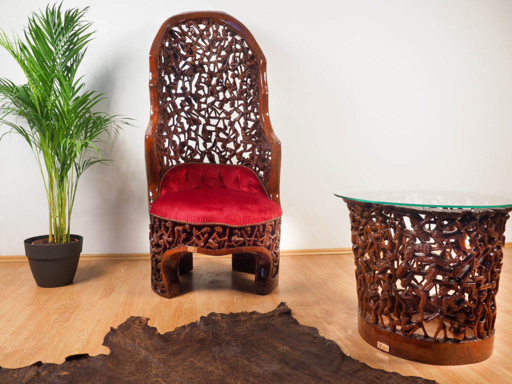 Kinda Armchair – Hand-Carved African Hardwood Tribal Art Furniture for Luxury Dubai