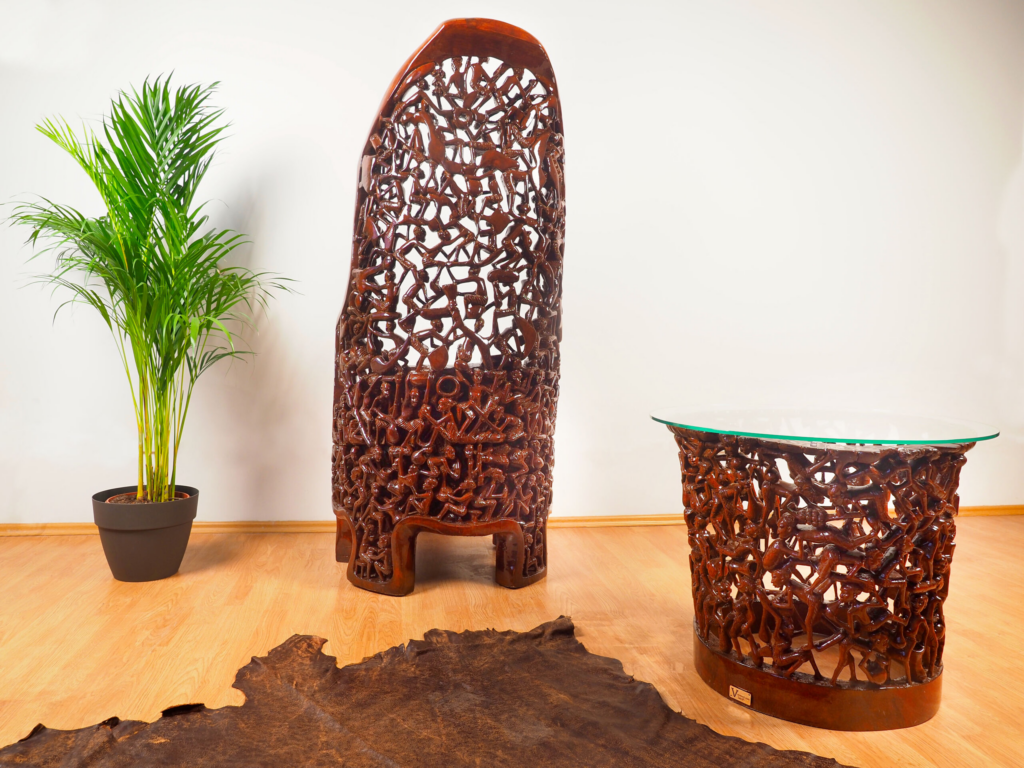 Kinda Armchair – Hand-Carved African Hardwood Tribal Art Furniture for Luxury Dubai