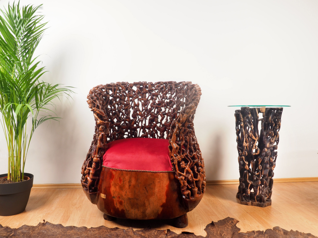 Makonde 1 Armchair – Hand-Carved African Hardwood Tribal Art Furniture for Luxury Dubai