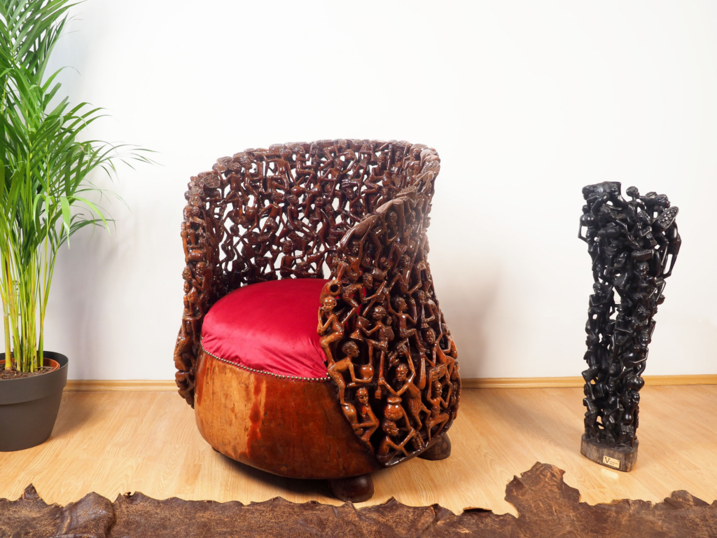 Makonde 2 Armchair – Hand-Carved African Hardwood Tribal Art Furniture for Luxury Dubai