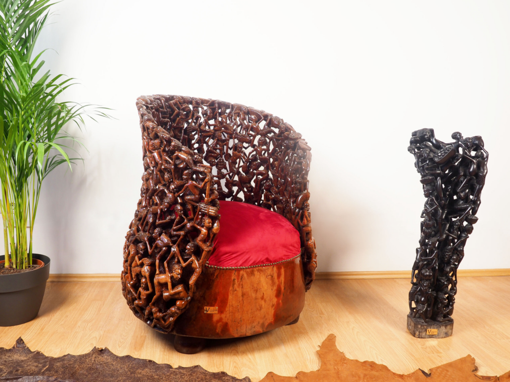 Makonde 2 Armchair – Hand-Carved African Hardwood Tribal Art Furniture for Luxury Dubai