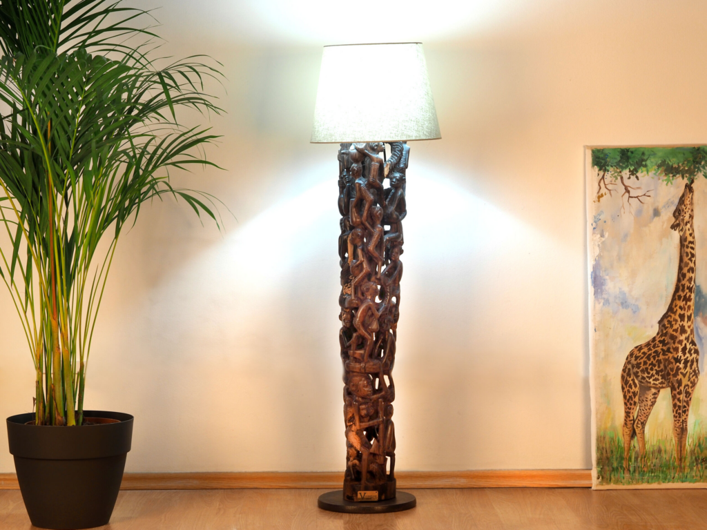 Makonde Ebony Floor Lamp, hand-carved lamp, Private Museum