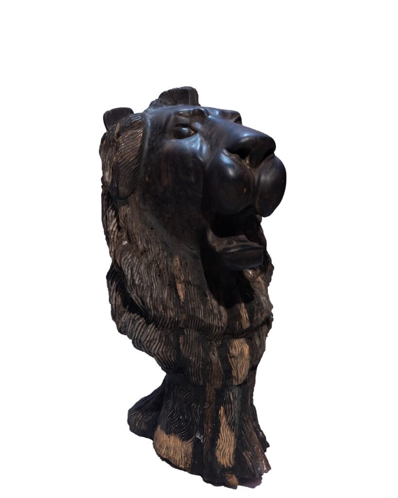 Massive Ebony Lion Head Sculpture – Hand-Carved Luxury Art Masterpiece for Dubai Interiors