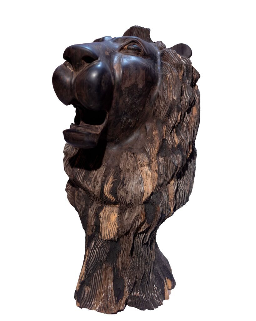 Massive Ebony Lion Head Sculpture – Hand-Carved Luxury Art Masterpiece for Dubai Interiors