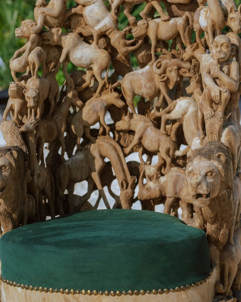 Green-upholstered Wildlife Throne detail — 0S7A4935.