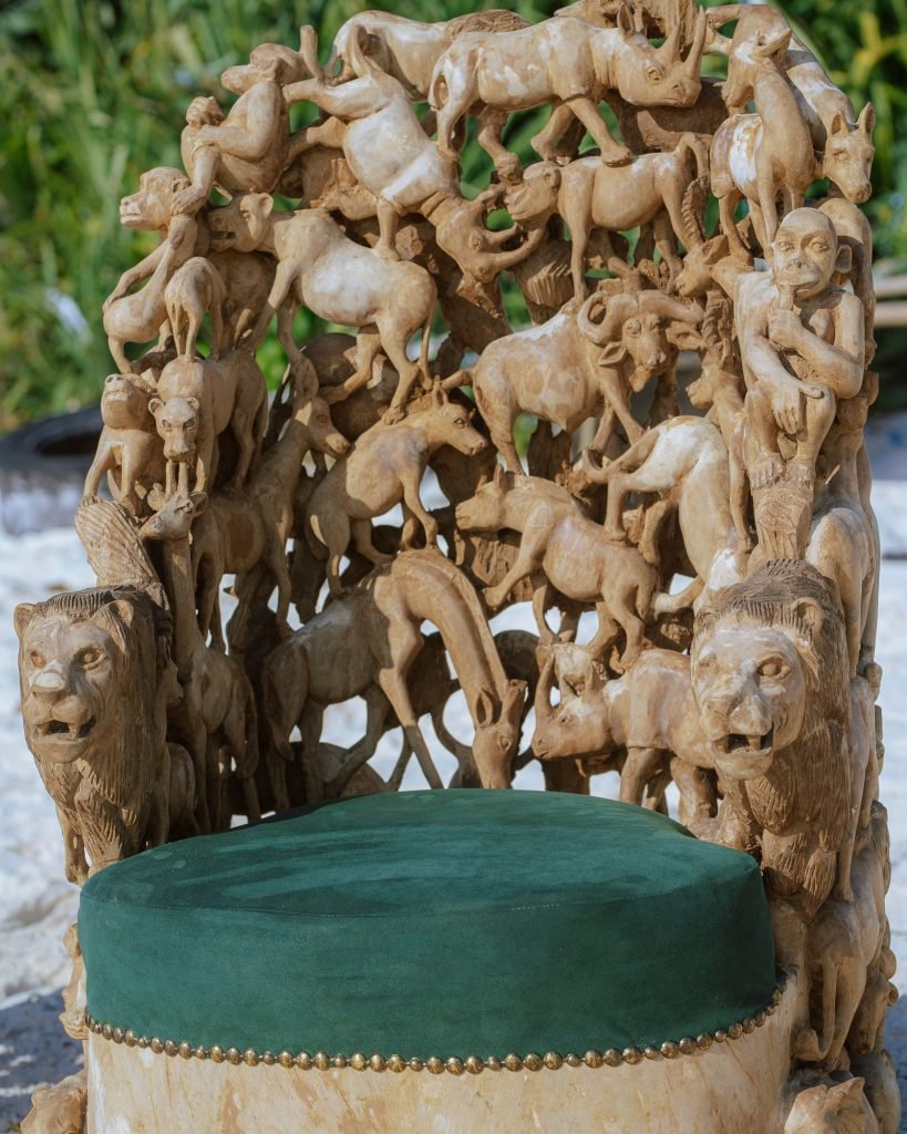 Green-upholstered Wildlife Throne detail — 0S7A4937.